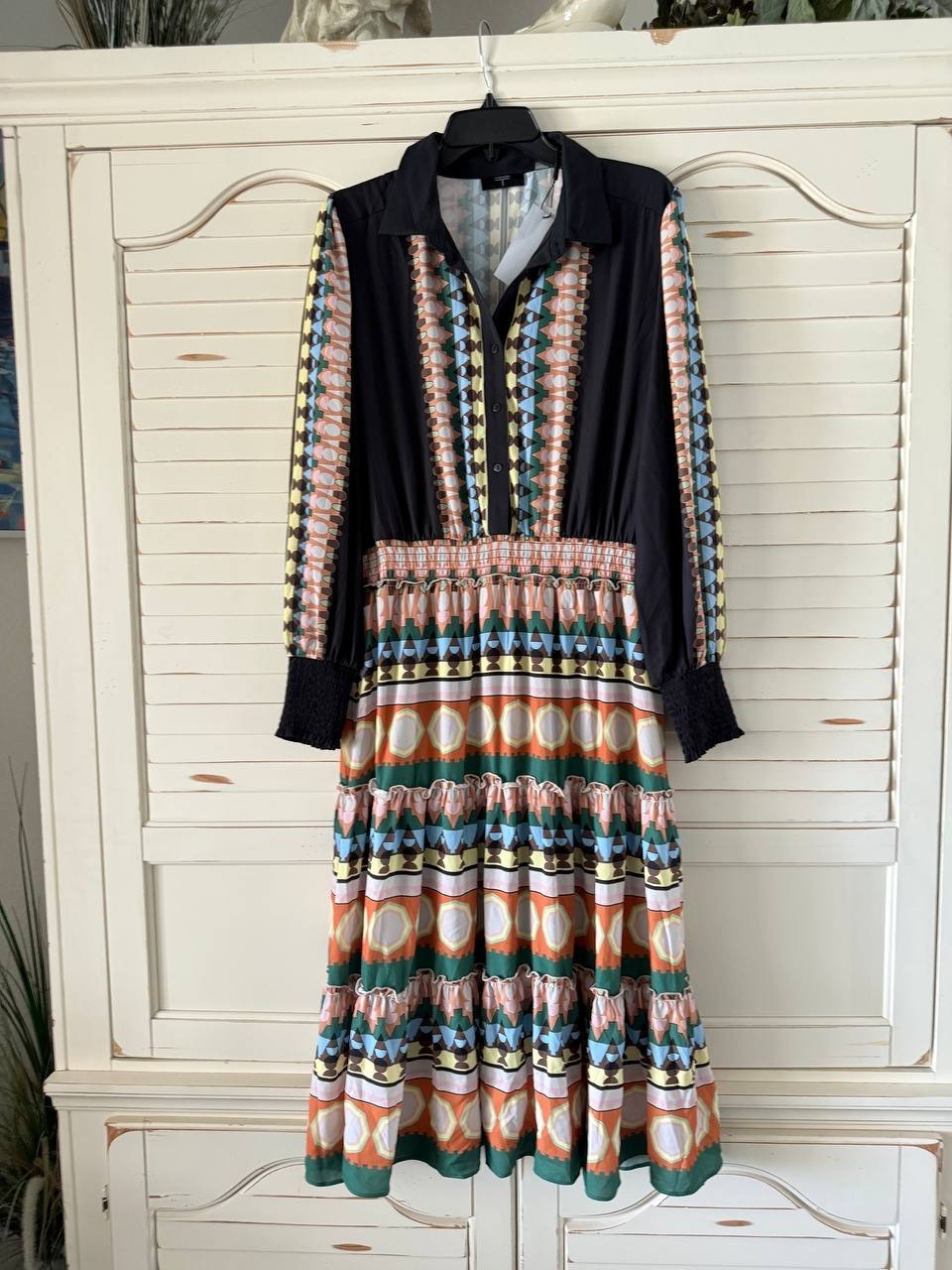 Tahari Dress  Multicolor Smocked Waist Printed Midi Half-Placket Size L NWT $148