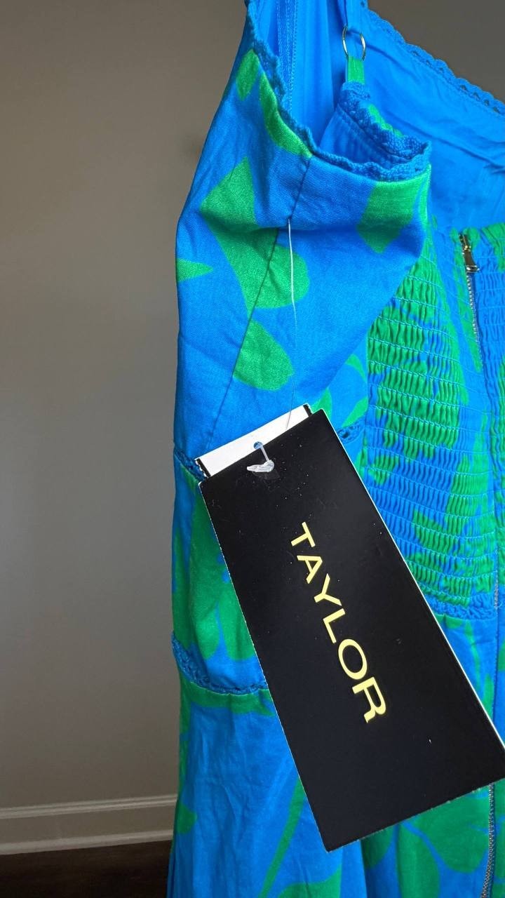 Taylor Tiered Square Neck Floral Dress Blue Size 12 NWT $139
