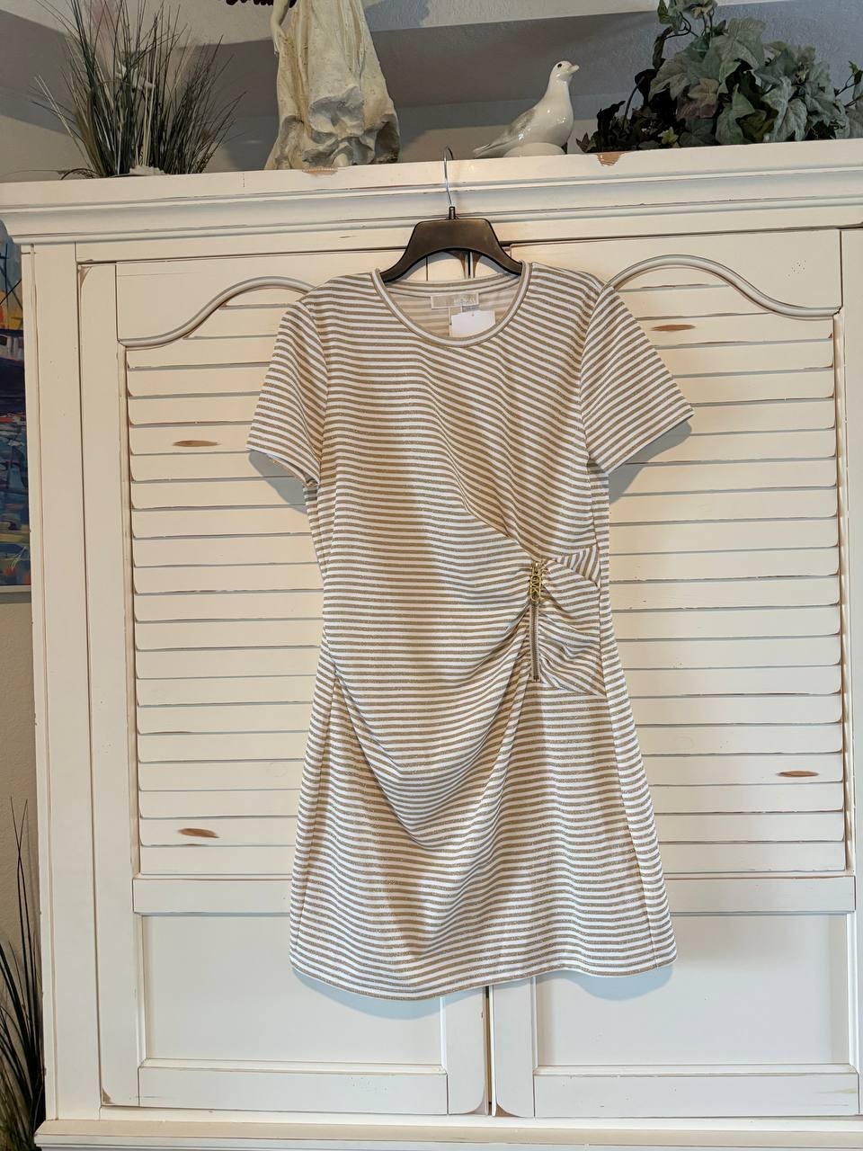 MICHAEL Michael Kors Stripe Side Ruch Zip Dress White/Gold Size L NWOT $125
