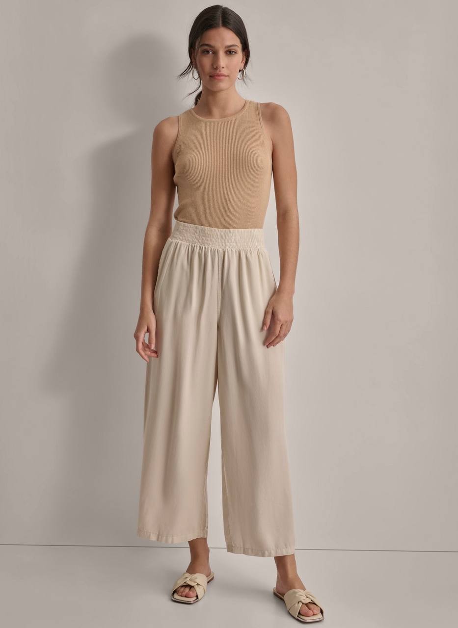 DKNY Petite Beige Garment-Dyed Wide-Leg Ankle Pant, Pull-On, Tencel, PS