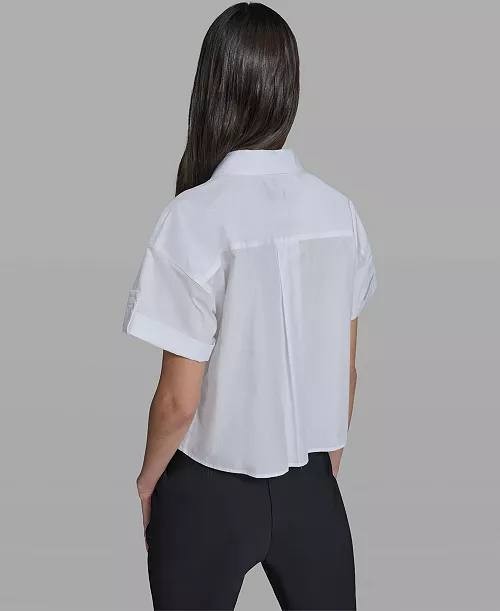 Karl Lagerfeld Paris Cropped City Scene Collared Top White S NWT $109