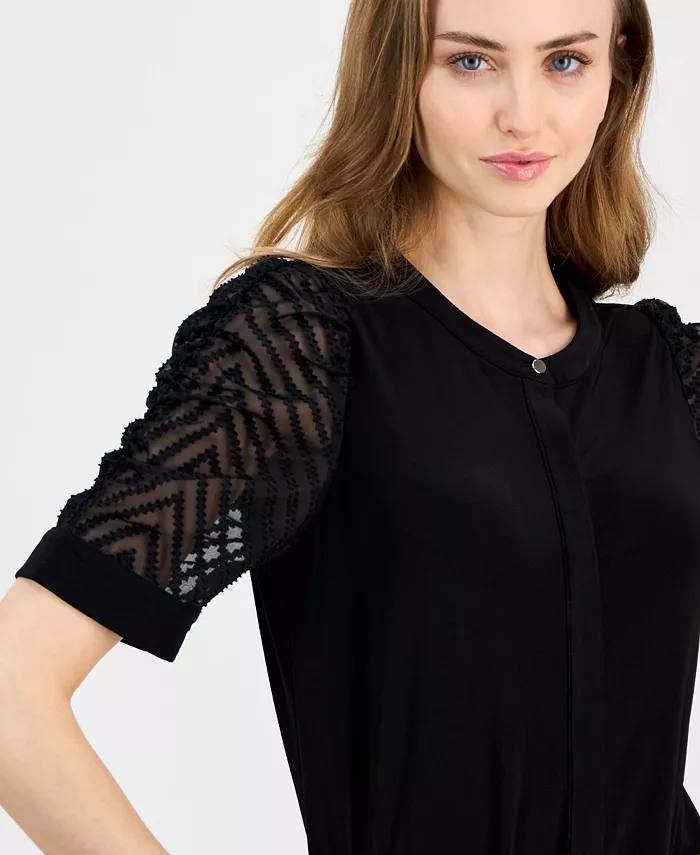 Anne Klein Mixed‑Media Elbow‑Sleeve Hidden‑Placket Top Black L NWT $89