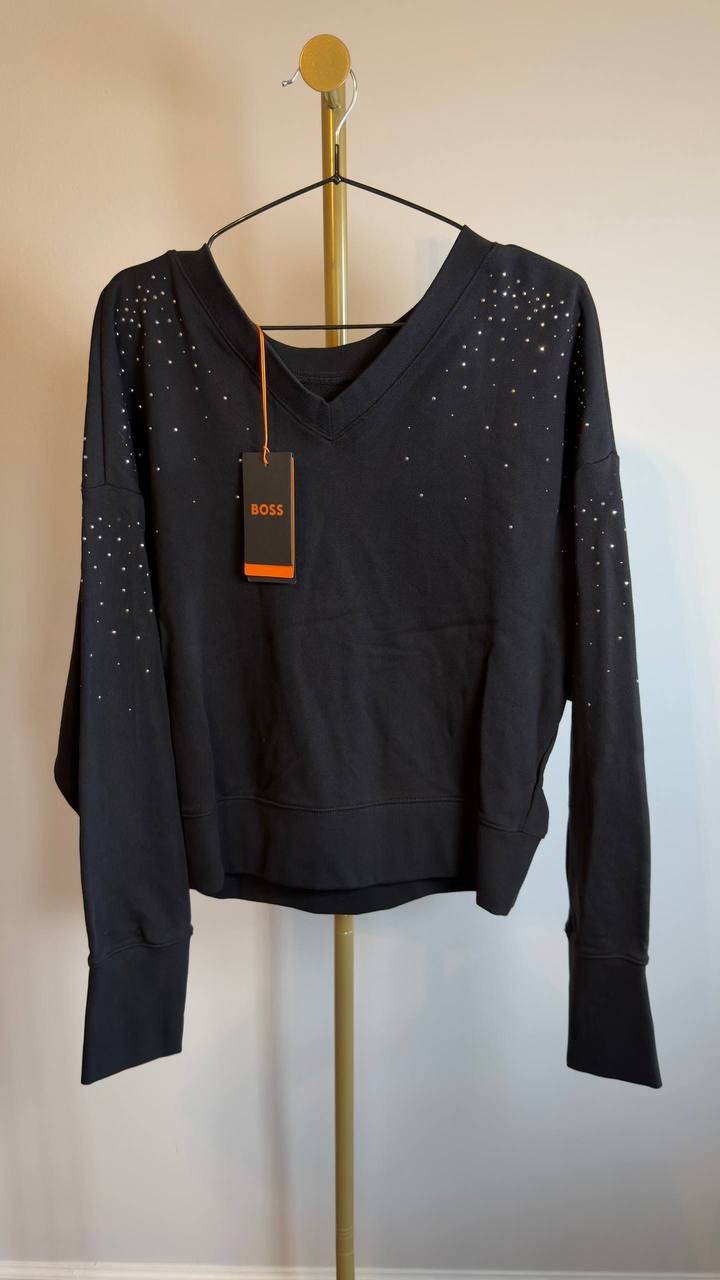 BOSS Orange Elay Embellished Cotton Sweater Black L NWT $98