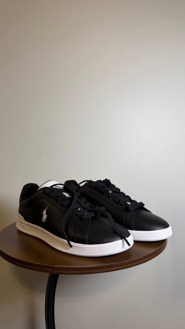 Polo Ralph Lauren Heritage Court II Leather Sneakers Black White 8.5 NWB $145
