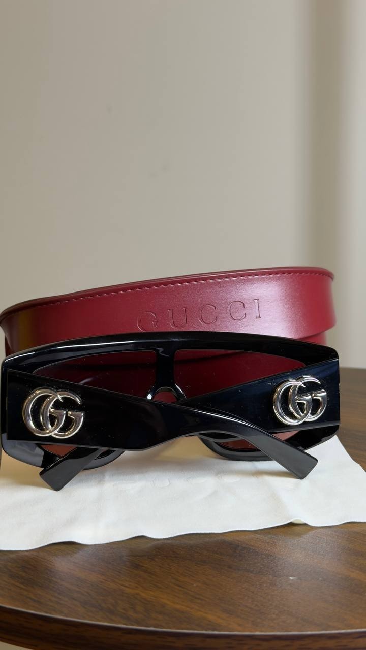 Gucci  Rectangular  Frame  Sunglasses  Black/Burgundy  OS  NWOT  $590