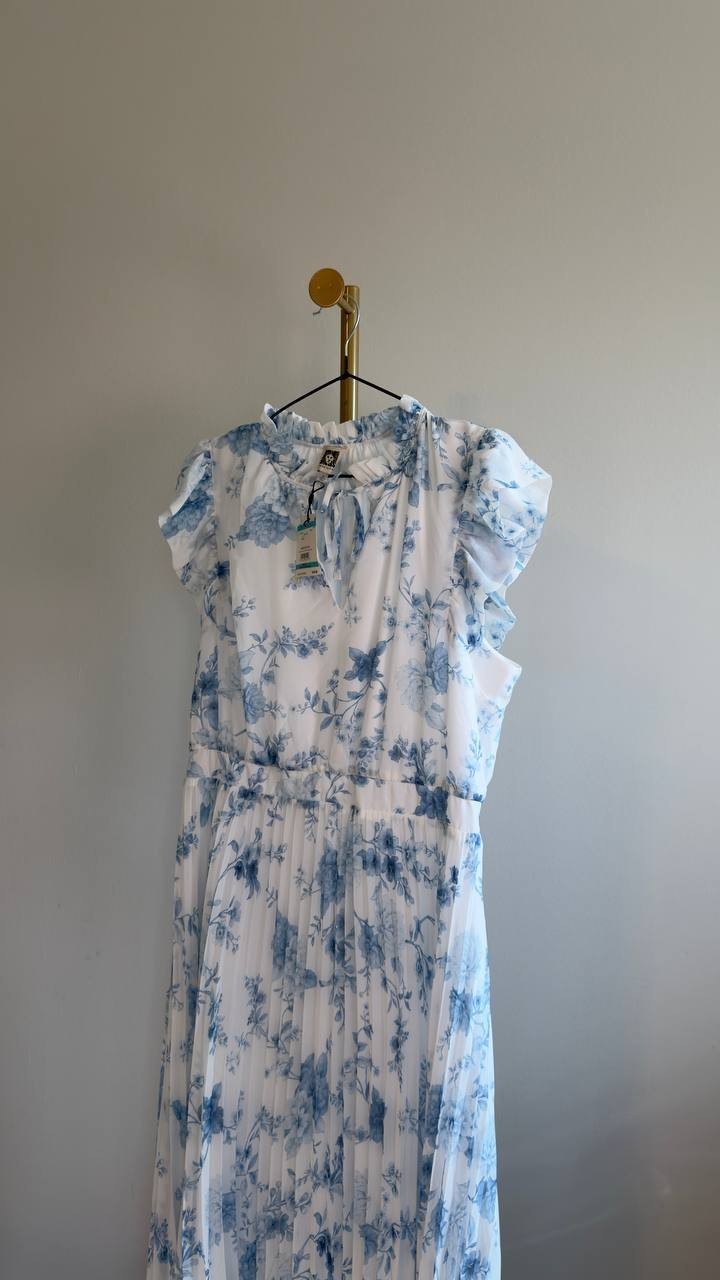 Anne Klein Pleated Flutter‑Sleeve Midi Dress Crisp White Multi 16 NWT $159
