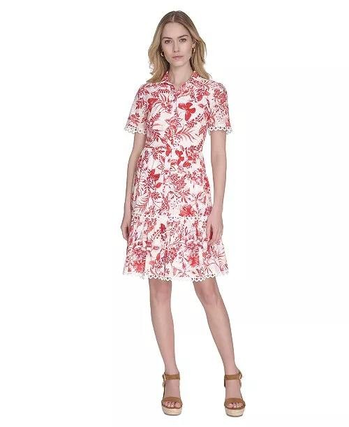 Eliza J Women’s Printed Button Front Cotton Dress Red White 10 $158 NWT