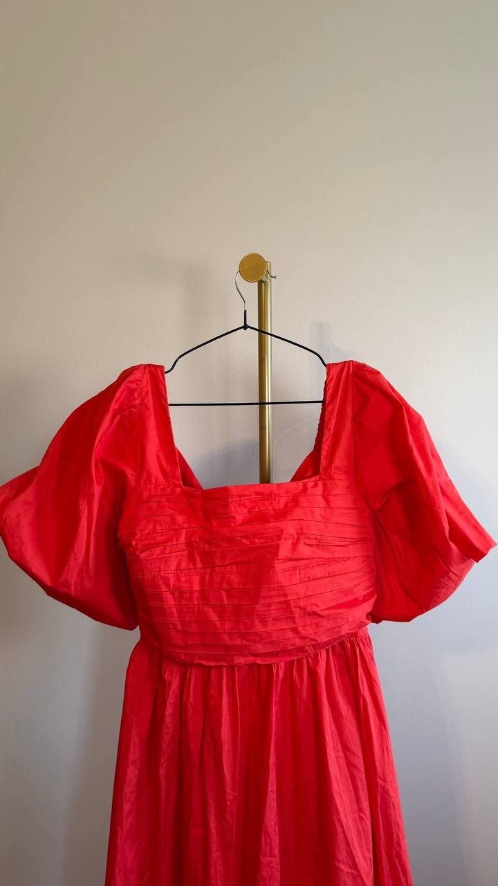 CeCe Square‑Neck Puff‑Sleeve Tie‑Back Maxi Dress Red L $109 NWT