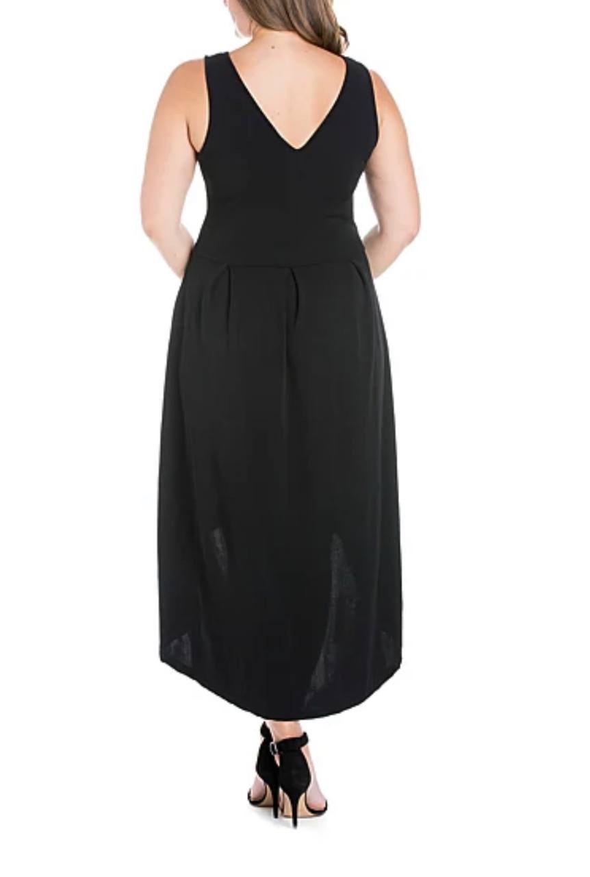 24seven Comfort Apparel Plus Midi V‑Neck Sleeveless A‑Line Dress Black 1X NWT