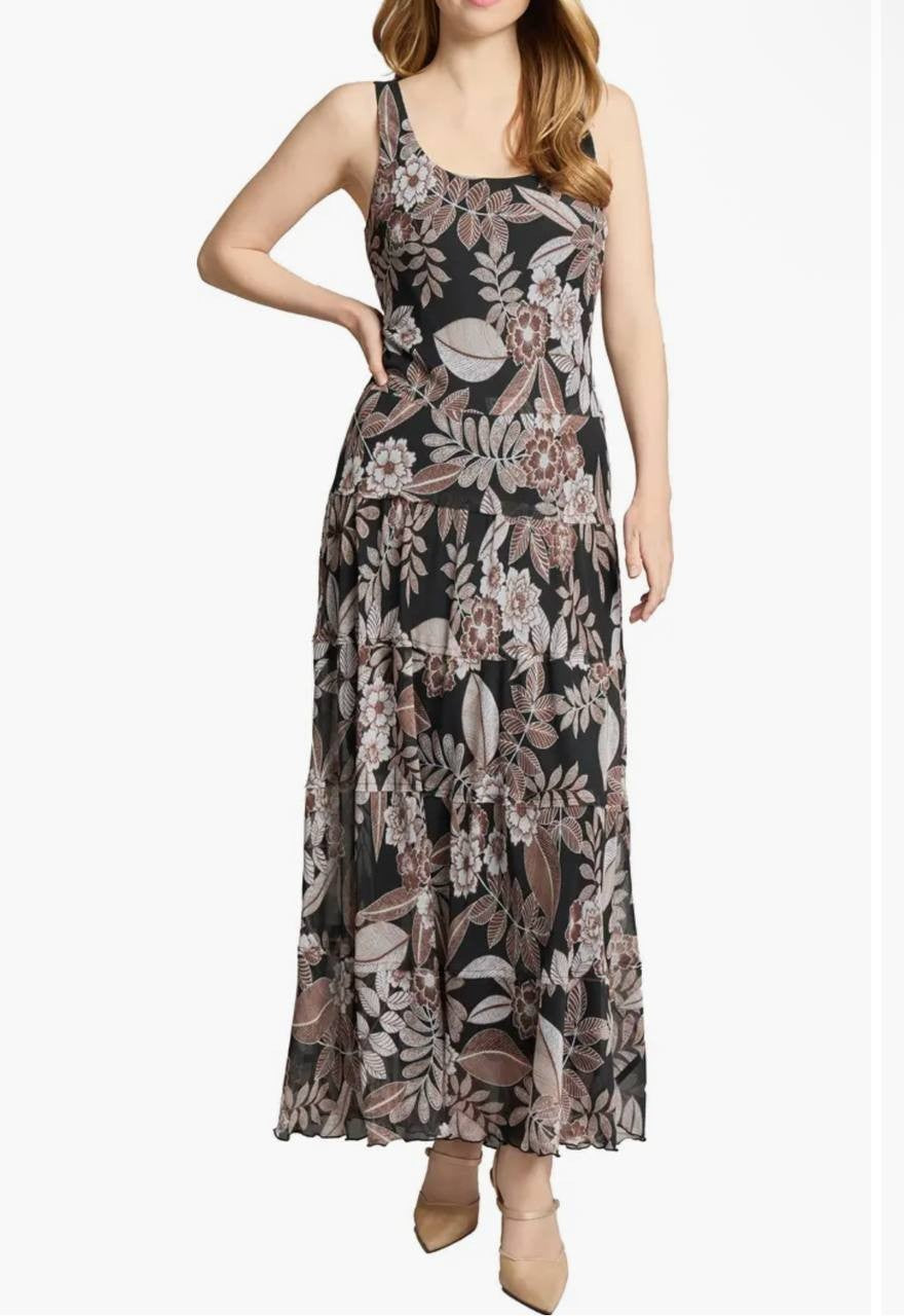 Jones New York Dress S Black Brown Floral Chiffon Maxi Sleeveless NWT $99.50