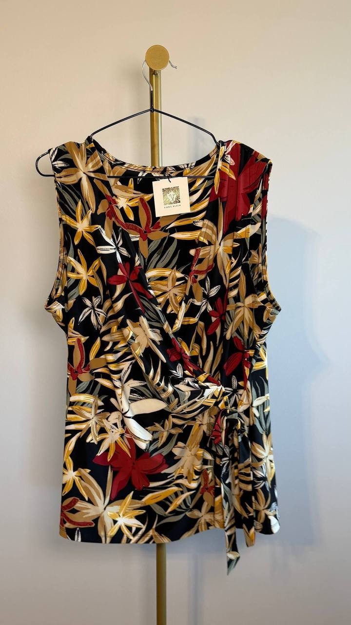 Anne Klein Printed Ruched Draped-Neck Mesh Top Black Floral XL NWT $59