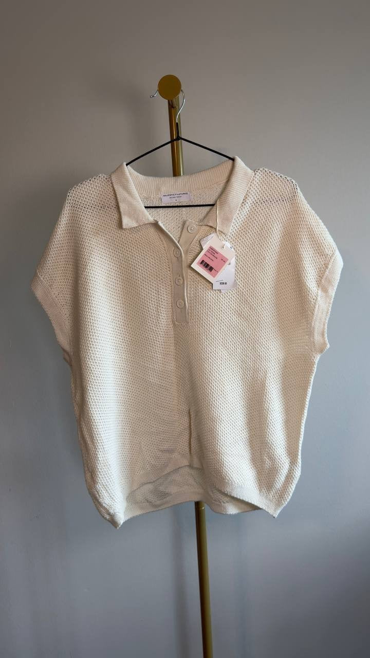 Majestic Filatures Knit Cap‑Sleeve Polo Top 4 Milk NWT $230