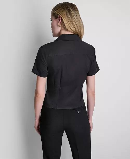 DKNY Short‑Sleeve Collared Button‑Front Blouse Black L NWT $99