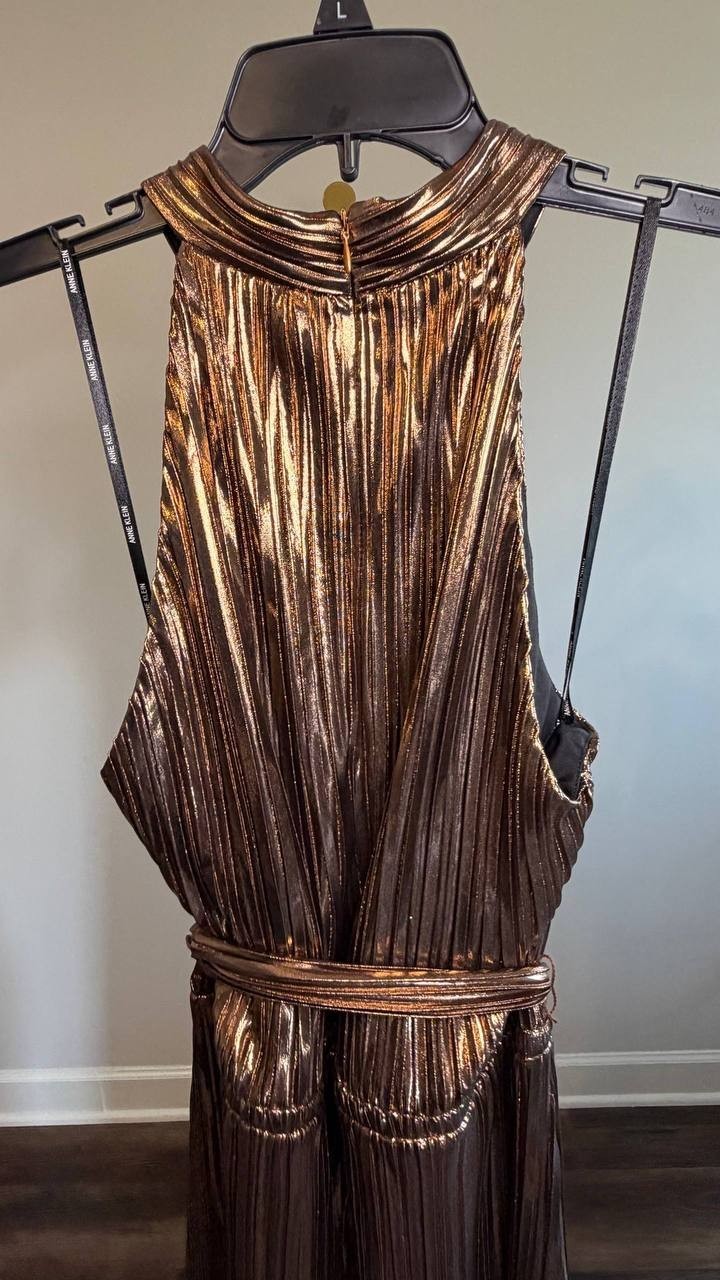 Anne Klein Metallic Mock‑Neck Halter Dress Bronze XL NWT $159