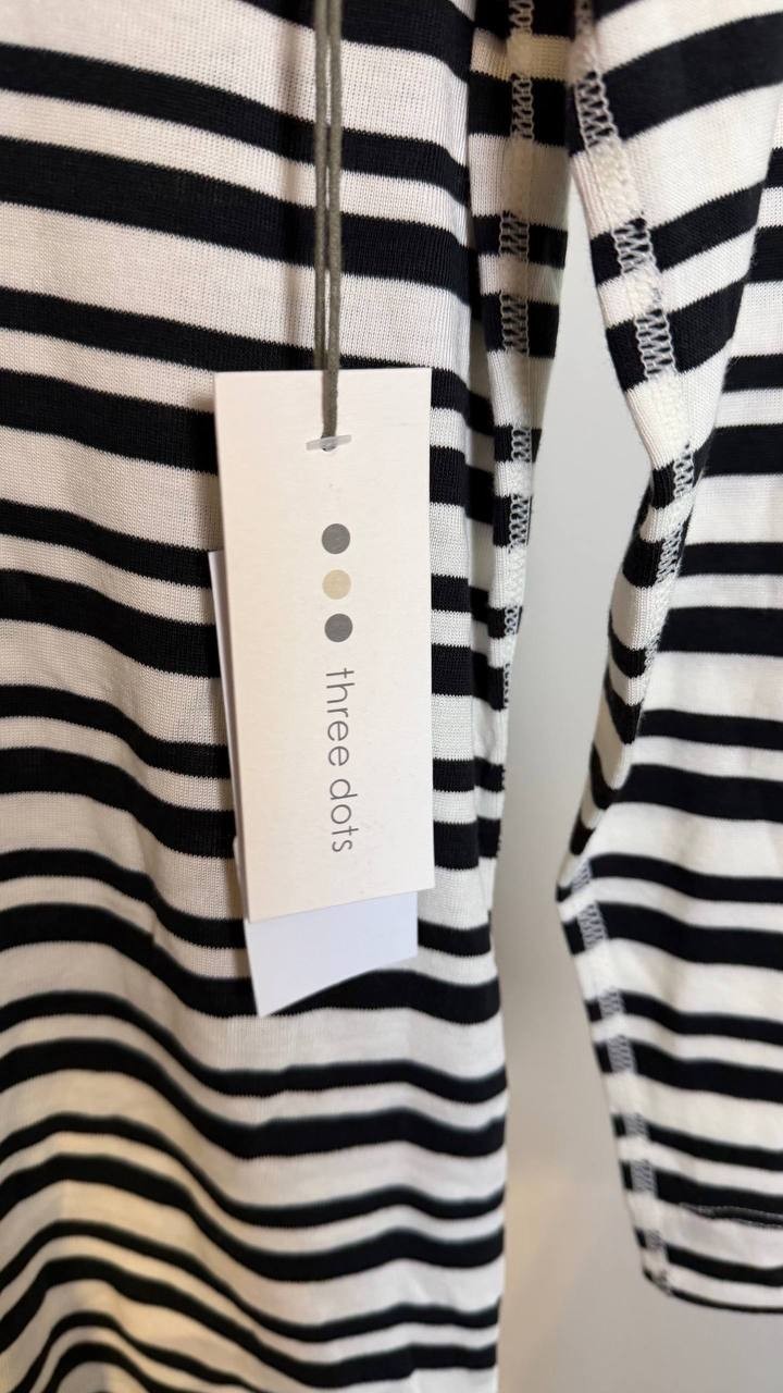 Three Dots Women’s 3/4 Sleeve V‑Neck Tee Black Beauty Stripes S $46 NWT