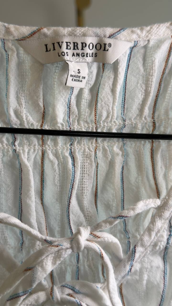 Liverpool LA Stripe Smocked Tie Sleeveless Cotton Tank Cream Blue S NWOT $89