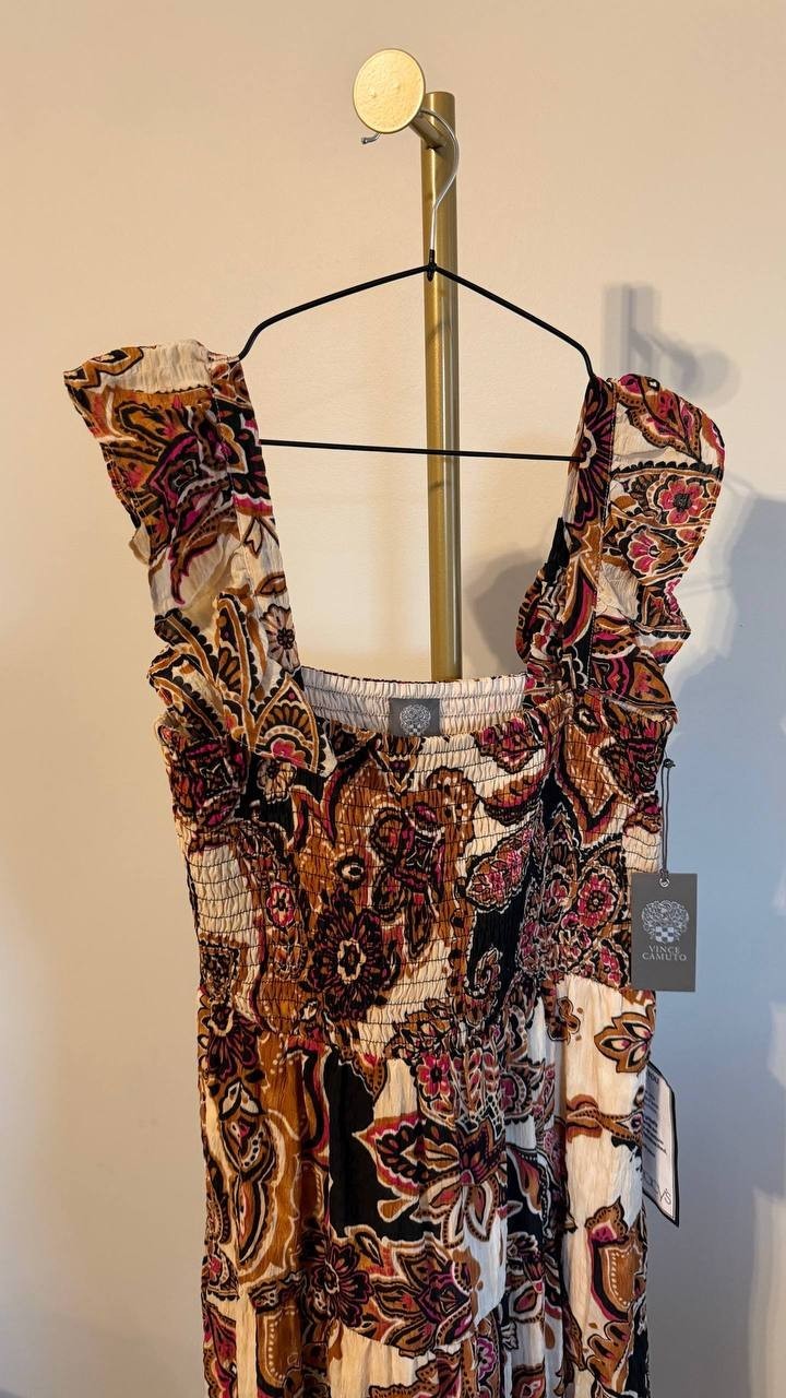 Vince Camuto Paisley Tiered Midi Sundress Brown Mult M $108 NWT