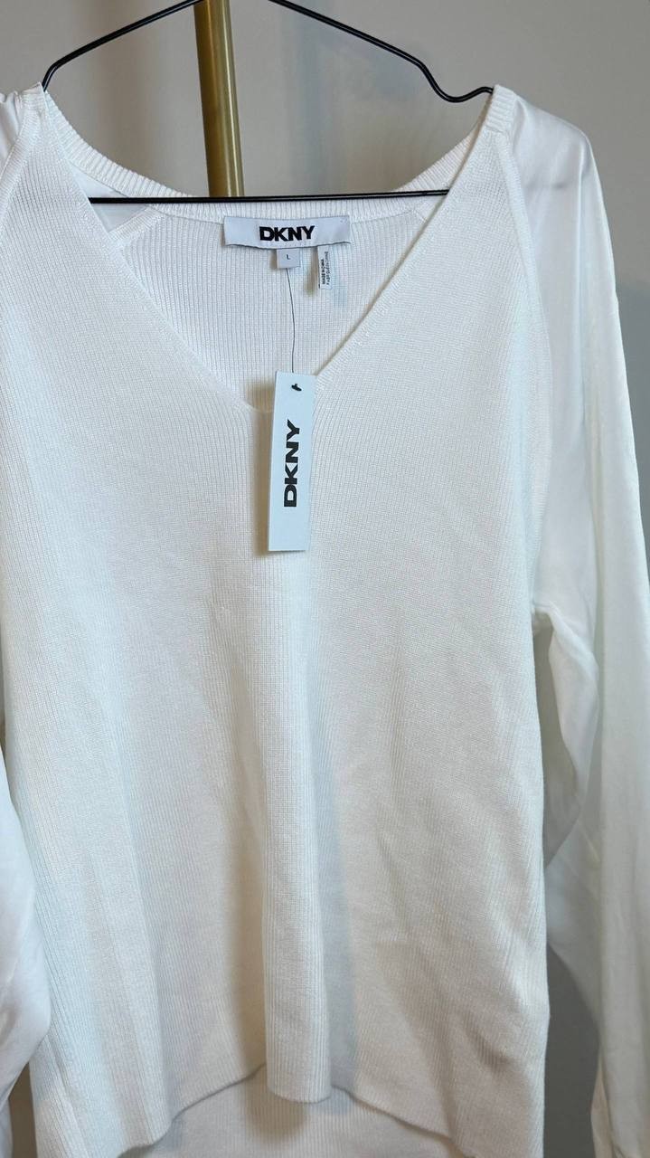 DKNY Long Sleeve Mix Media V‑Neck Top, Size L, White, NWT $79