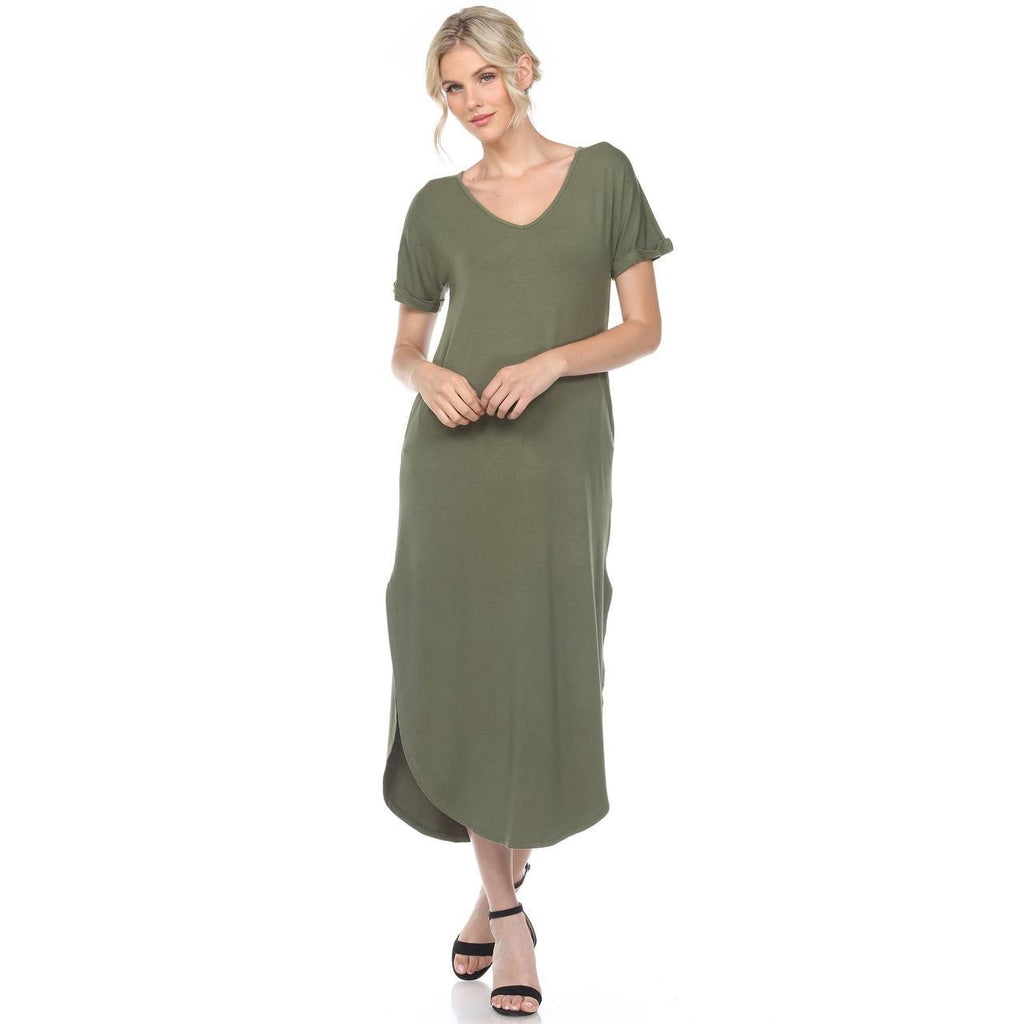 White Mark Women’s Short Sleeve V‑Neck Maxi Dress Olive L NWT $64