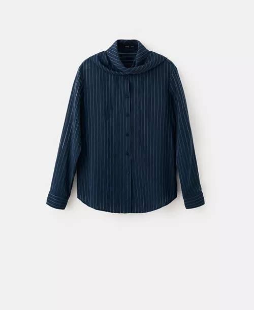 Mango Tie Neck Striped Button Blouse Navy 8 NWT $70