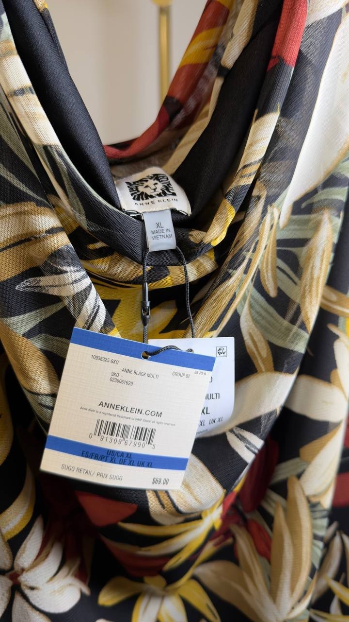 Anne Klein Printed Ruched Draped‑Neck Mesh Top Floral XL NWT $69