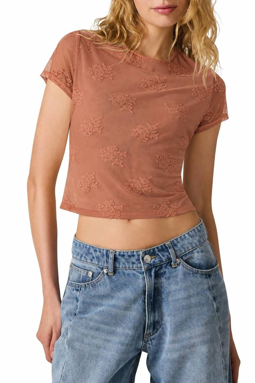 Steve Madden Peyton Mesh & Lace Top Brown M NWT $59