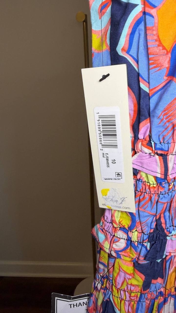 Eliza J Cotton Smocked-Waist Floral Midi Dress Multi 10 NWT $138