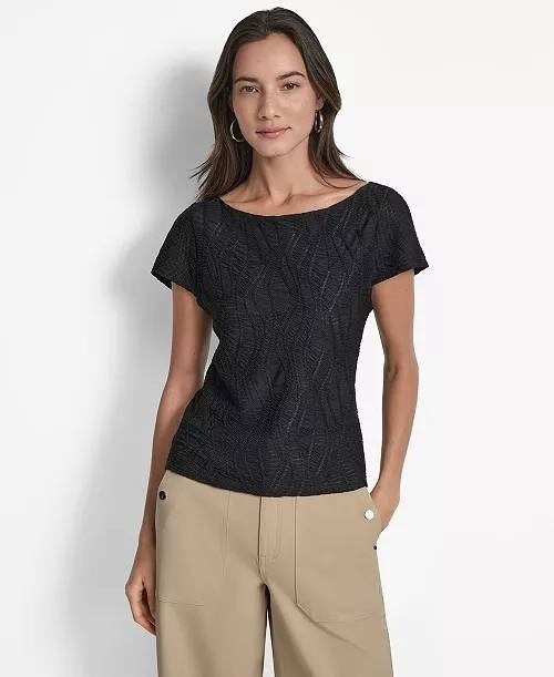 DKNY Textured Boat‑Neck Short‑Sleeve Top Black XS NWT $69