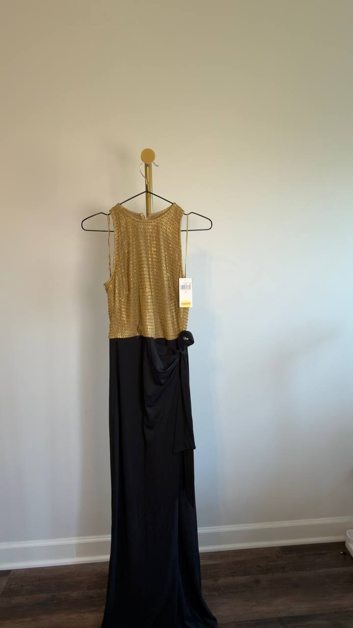 Lauren Ralph Lauren Beaded Mesh Jersey Tie-Front Gown Gold/Black 2 NWT $45
