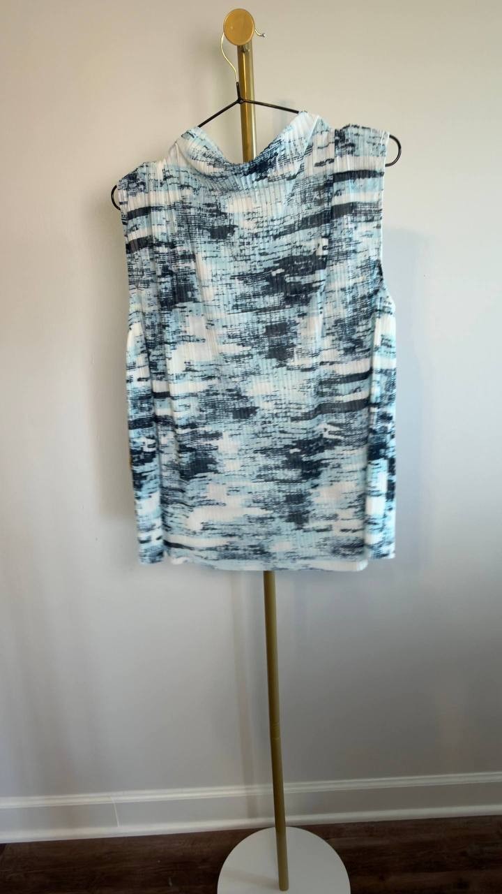 Calvin Klein Petite Printed Pleated Sleeveless Top Blue Multi PXL NWT $69