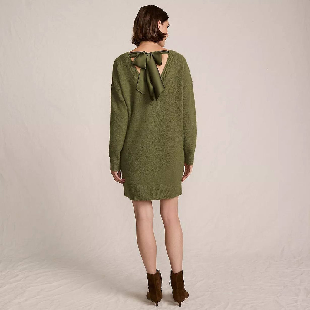 Lands’ End Fuzzy Bow Back Mini Sweater Dress Olive Drab Heather XL NWOT $109.95