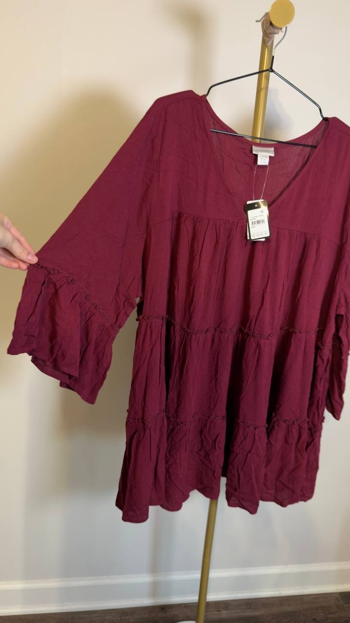 Avenue Plus Size Amy Tiered Bell Sleeve V‑Neck Blouse Berry 26‑28 NWT $60