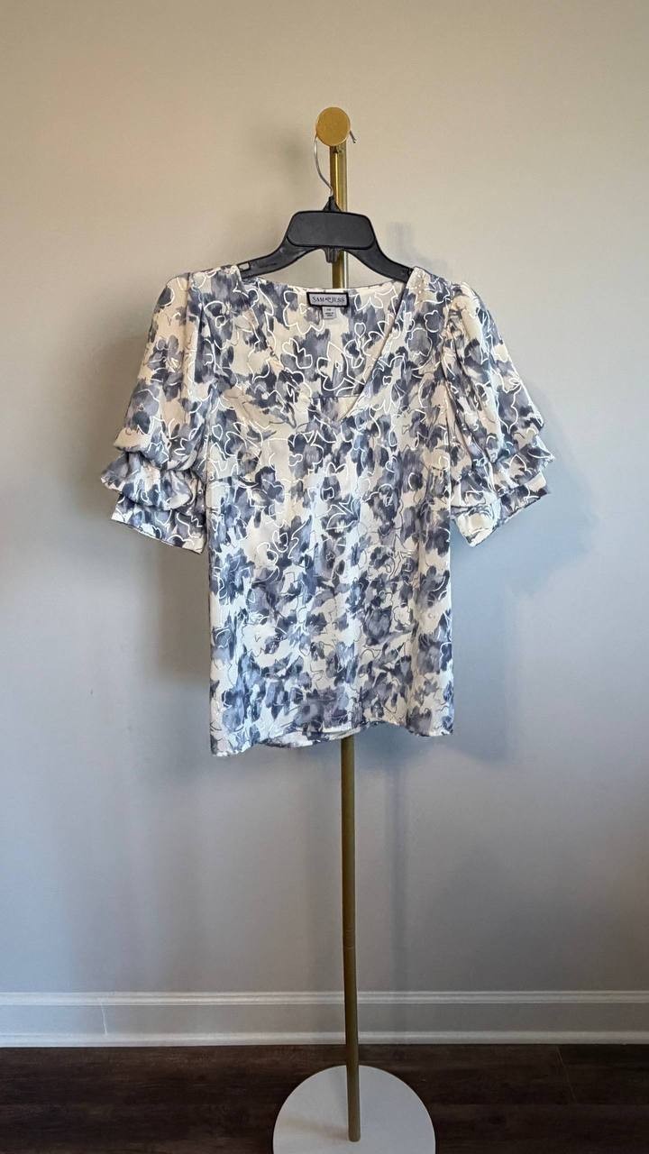 Sam & Jess Floral‑Print Bubble‑Sleeve Top Blue Floral XS NWT $59