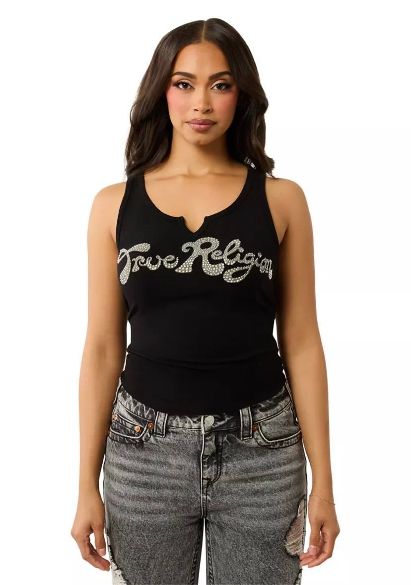 True Religion Crystal Logo V‑Notch Tank Jet Black XXL NWT $59