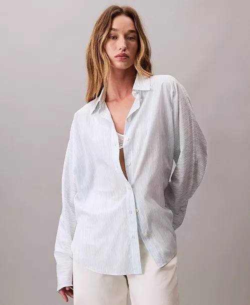Calvin Klein Striped Long Sleeve Button‑Down Shirt White Print L NWT $109