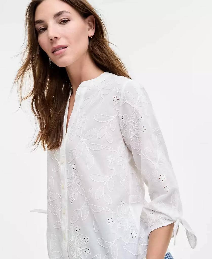 Jones New York Y-Neck Embroidered Cotton Top White Size M No Tags
