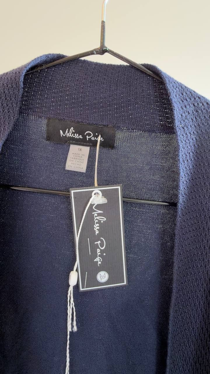 Melissa Paige Plus Size Ribbed‑Trim High‑Low Cardigan Sweater Navy 1X NWT $54.50