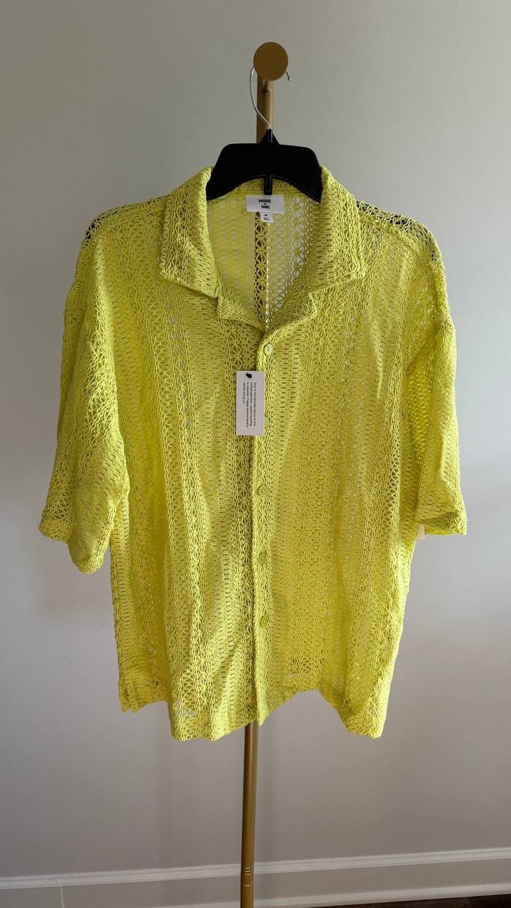 Mode of One Men’s Textured Crochet Button‑Down Camp Shirt Misty M $49.00 NWT