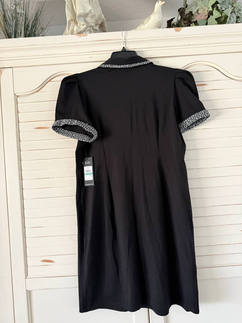 Karl Lagerfeld Paris Dress L Black Tweed Trim A-Line Point Collar NWT MSRP $139