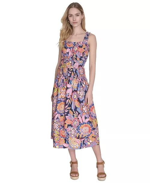 Eliza J Cotton Smocked-Waist Floral Midi Dress Multi 10 NWT $138