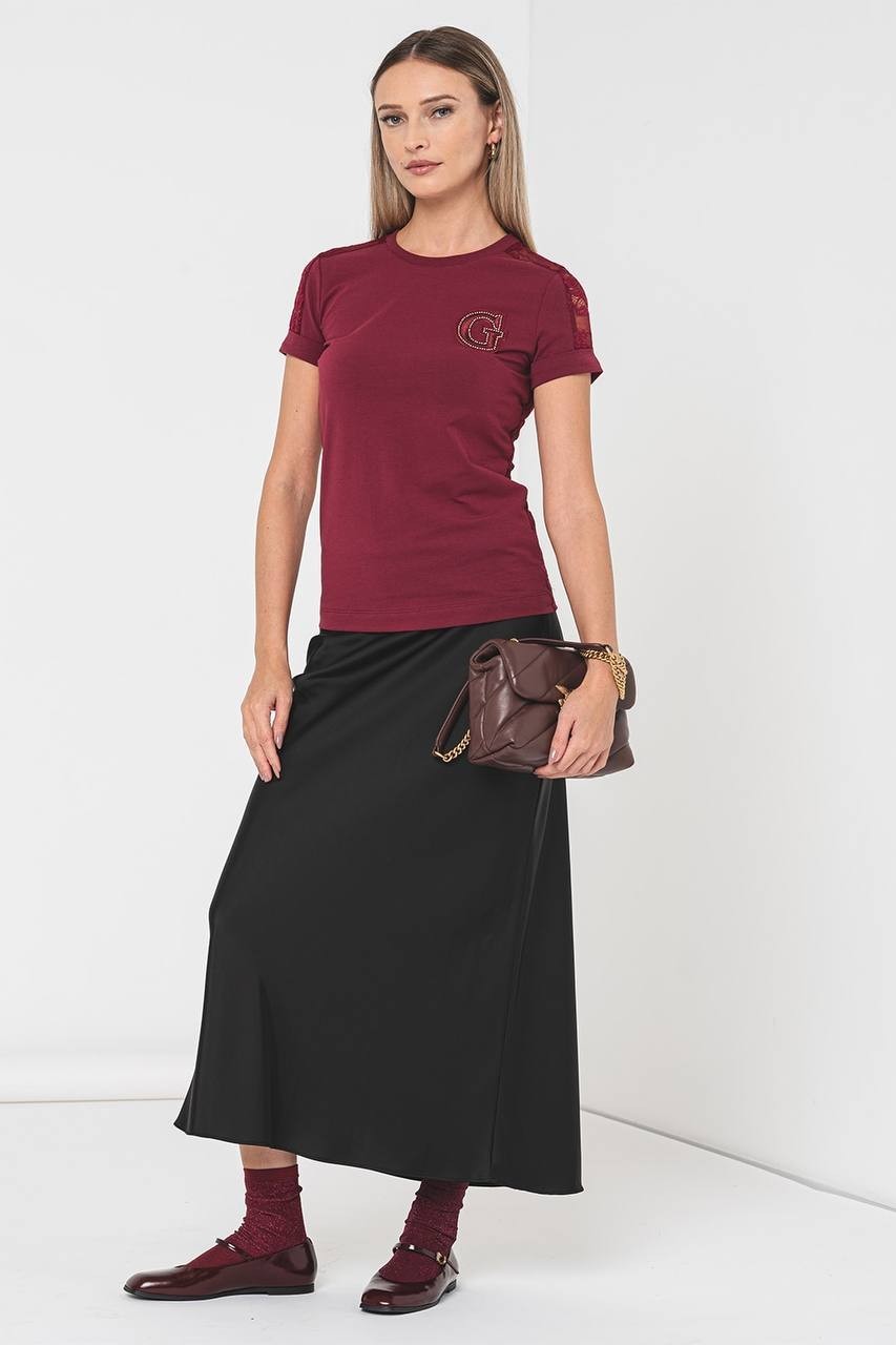 Guess Women’s Lace Sleeve Rhinestone Logo Tee Burgundy XS $50 NWT