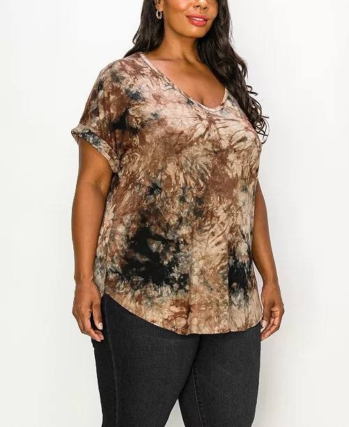 Coin 1804 Plus Size Tie‑Dye V‑Neck Rolled Sleeve Top Mocha Black 3X NWT $30