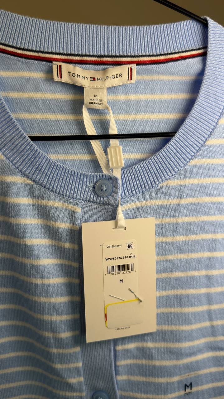 Tommy Hilfiger Crewneck Cardigan Blue/Ecru M NWT $74.50