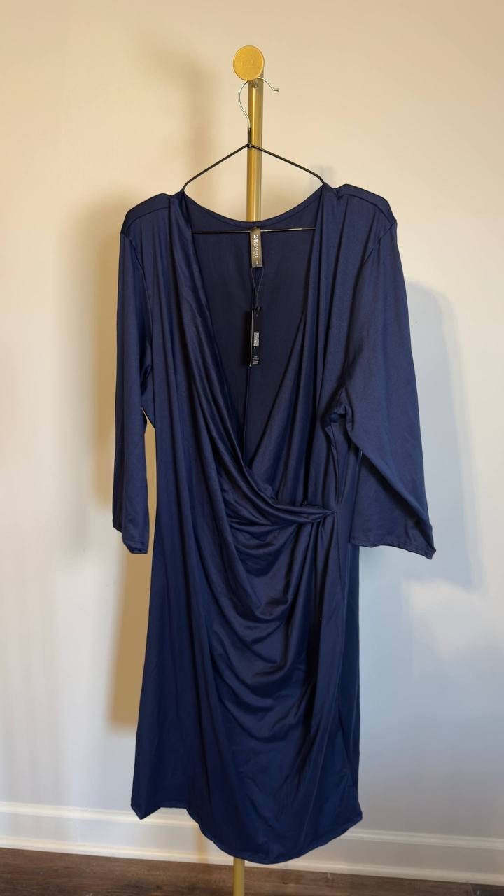 24Seven Comfort Apparel Plus Size Knee Length V‑Neck Dress Navy 3X NWT $56