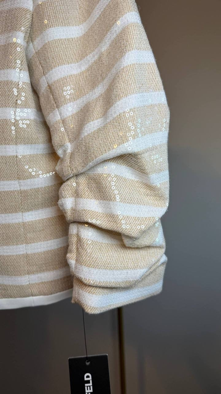 Karl Lagerfeld Paris Sequinned Striped Jacket White/Beige 2 NWT $229