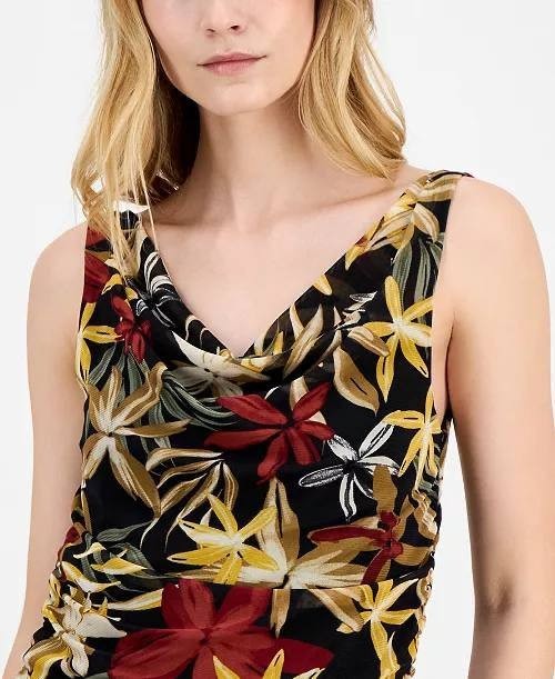 Anne Klein Printed Ruched Draped‑Neck Mesh Top Black Floral XL NWT $59