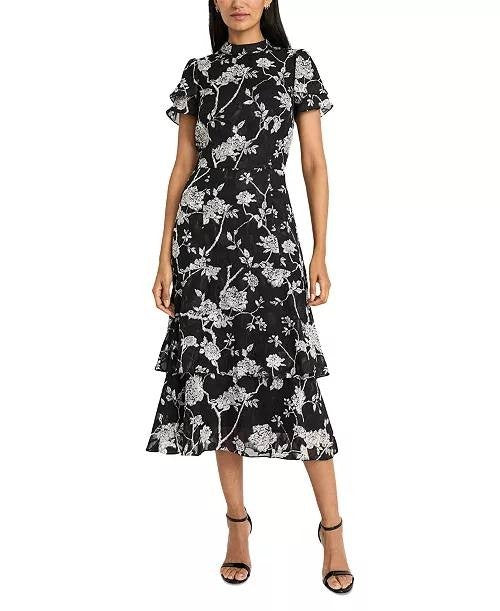 Maggy London Floral Jacquard Tiered Fit & Flare Dress White/Black 2 NWT $158