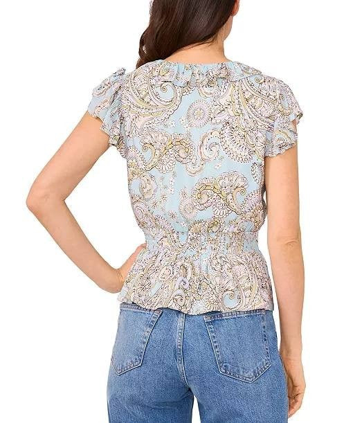 Parker Women’s The Margot Paisley‑Print Ruffled Top Blue Multi L $99 NWT