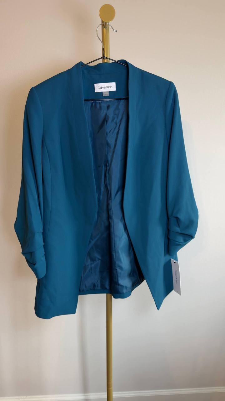 Calvin Klein Heavy Open‑Front Ruched‑Sleeve Blazer Cypress 8 NWT $149