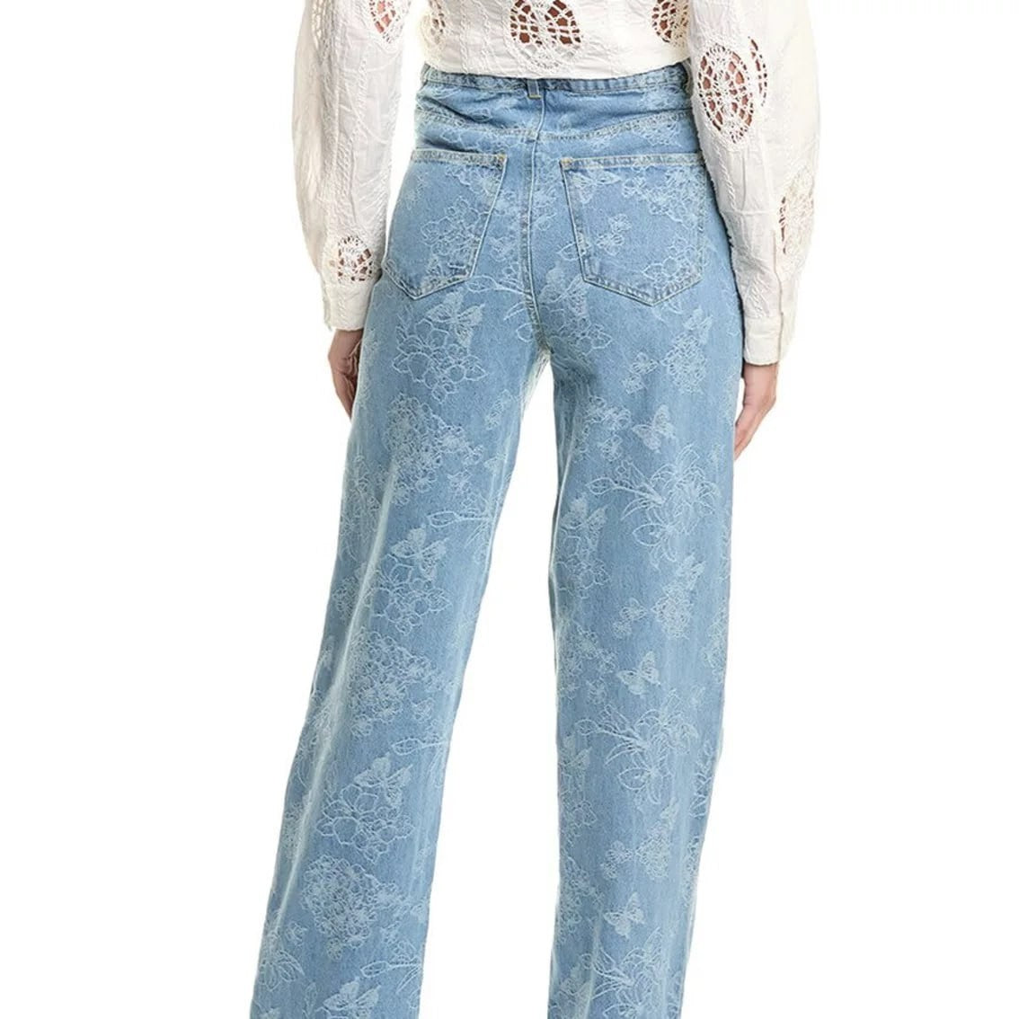 Gracia Floral Printed Straight‑Leg Jeans – Size L – Blue – NWT – $125